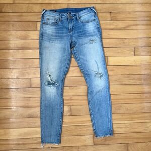 True Religion Halle Mid Rise Super Skinny Distressed Jeans Light Wash Blue 26